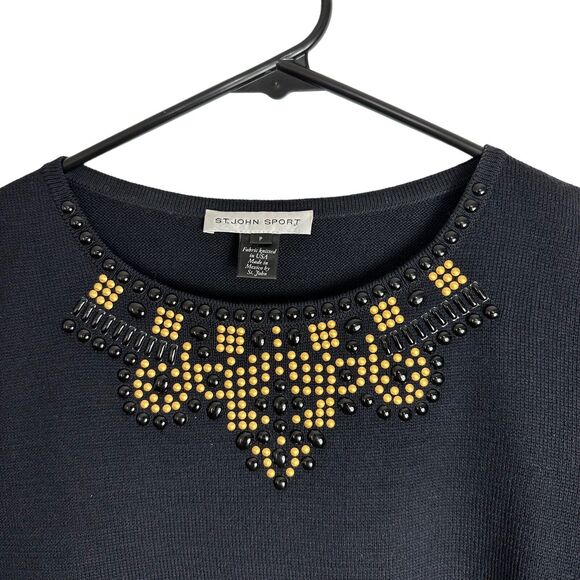 St John‎ Sport Womens Pullover Top Size P Wool Rayon Black Embellished Neckline - Picture 3 of 7